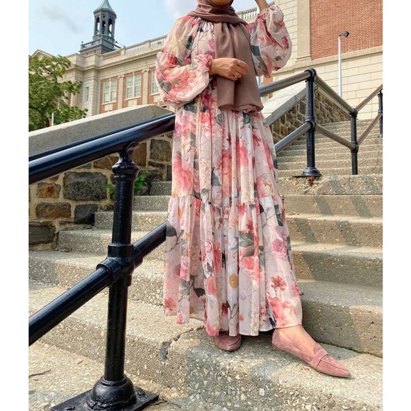 Chiffon Wide Cut Floral Dress Balloon Slee… - Picture 6 of 14